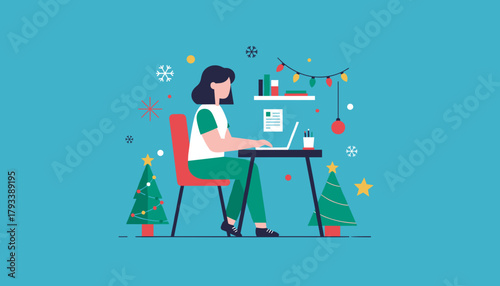 Woman working on a laptop at her festive desk Seasonal remote work and holiday business concept