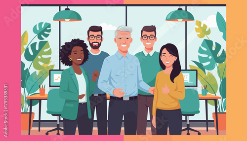 Diverse business team smiling in a modern office Successful teamwork and leadership