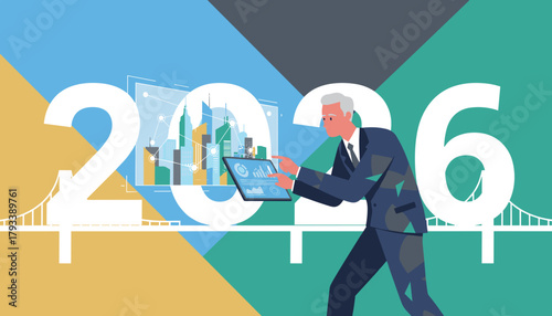 Business strategy planning for 2026 Senior man uses tablet for smart city development data