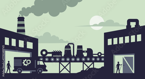 Factory production line logistics and industry illustration with workers and smog
