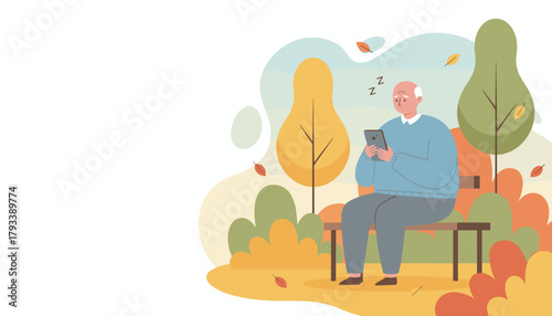 Tired senior man dozing off while using a tablet on a park bench during a relaxing autumn day