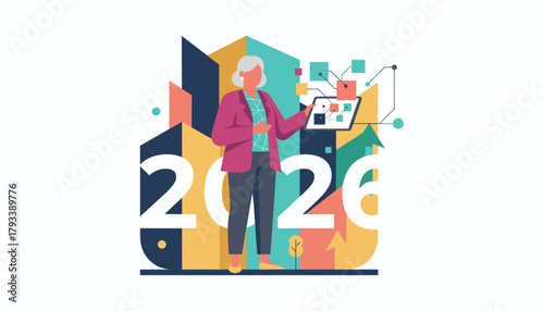 Businesswoman forecasting 2026 growth analyzing technology data against abstract city shapes