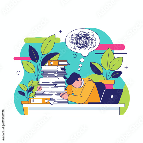 Overwhelmed employee suffering burnout from excessive paperwork and stress in the office