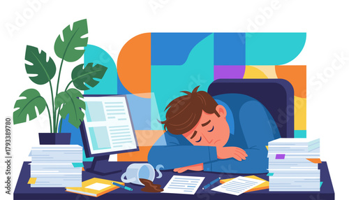 Exhausted businessman sleeps at his desk overwhelmed by stacks of paperwork and burnout