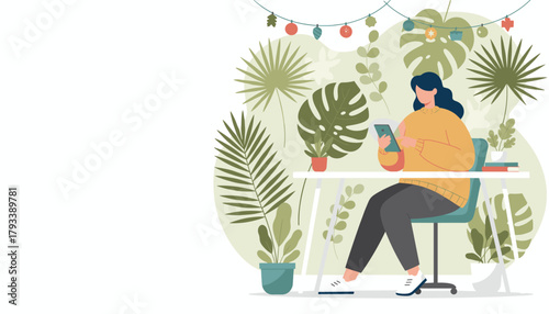 Woman using a tablet at a desk surrounded by lush indoor plants Home office work from home or digital leisure