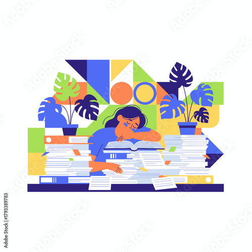 Overworked woman sleeping on a mountain of papers and books Stress burnout and deadline pressure