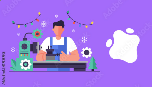 Industrial Christmas concept man works on a machine under festive string lights