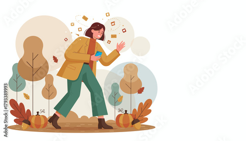 Woman stressed by digital notifications and social media overload while walking in an autumn park