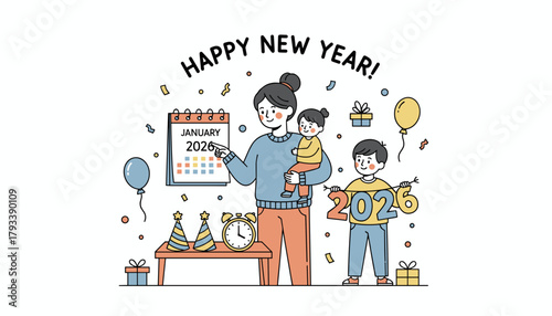 Family celebrates Happy New Year 2026 with calendar children and party decorations