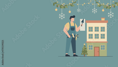 Handyman illustration repairing property during festive winter season