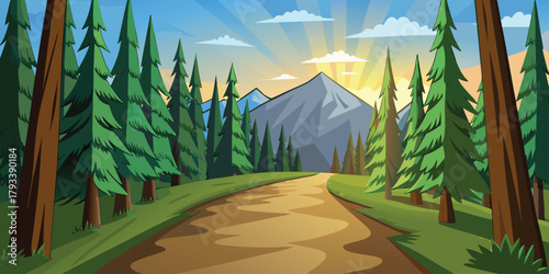 Summer landscape view of a green country road with palm trees, blue sky, and distant mountains