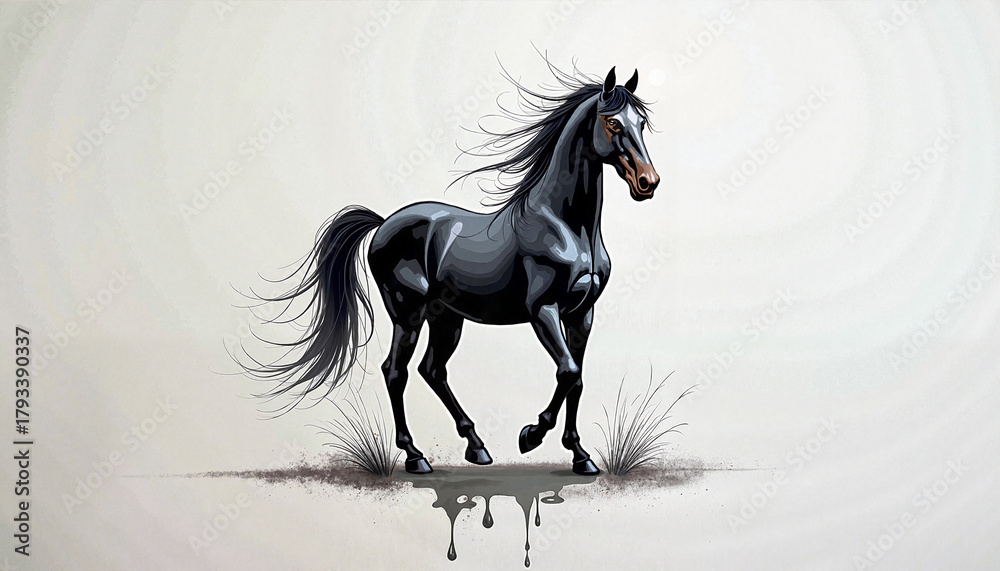 Obraz premium Black horse standing on minimalist white background