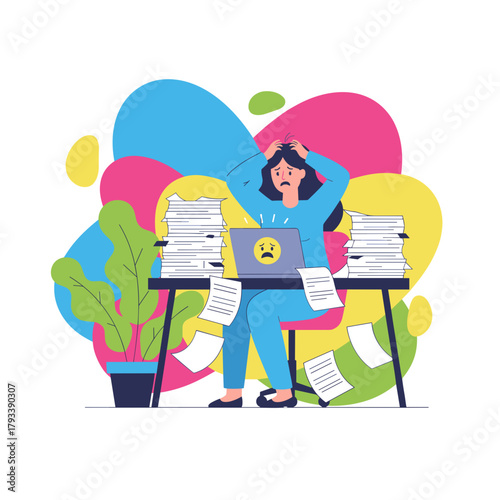 Overwhelmed employee stressed by excessive paperwork and massive workload causing professional burnout