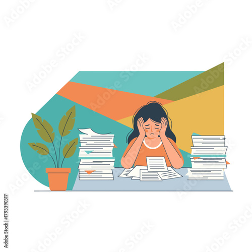 Stressed woman overwhelmed by piles of paperwork and deadlines symbolizing job burnout