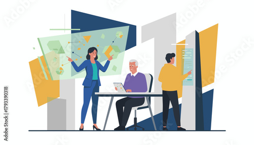 Business team collaborating on data visualization and digital strategy in a modern office