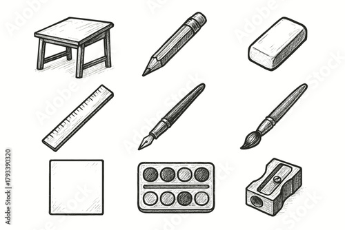 Pencil paper desk palette graphite items art supplies vector icon sharpener icons