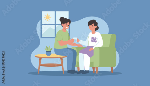 Supportive friend aids sad woman with glass of water Empathy and mental wellbeing illustration