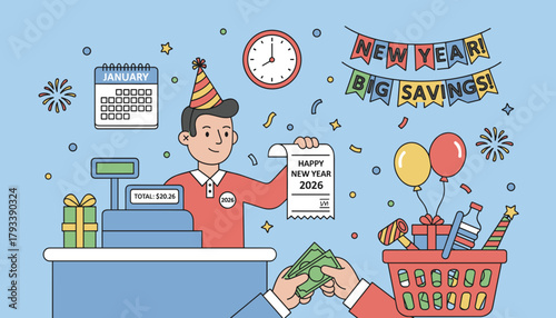 Happy New Year 2026 sales event Cashier processes payment for savings on celebration goods