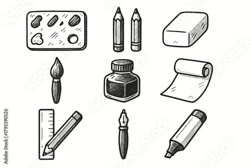 Vector supplies creative ruler bottle ink icons marker eraser icon graphite