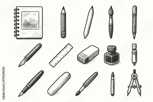 Eraser art compass vector ruler icon blending tools ink bottle sketchbook