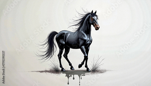 Black horse standing on minimalist white background