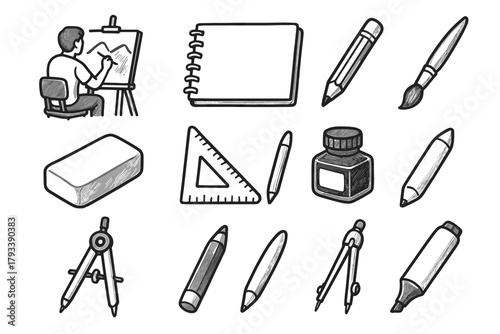 Vector compass collection brush station sketchbook artist bottle icon stump blending
