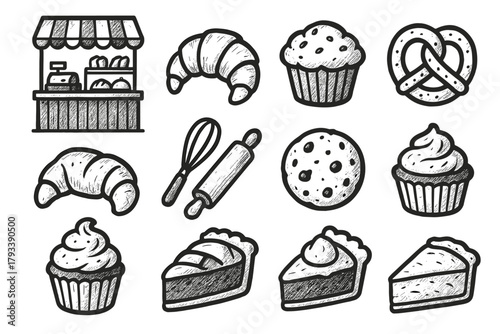 Rolling pin slice icons setup whisk pretzel set croissant bakery vector icon