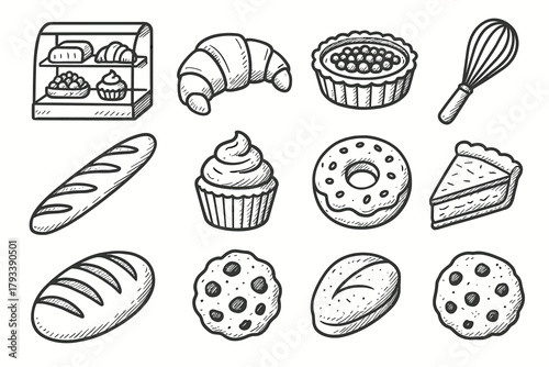 Patisserie doughnut bakery vector pie cookie croissant set baguette bread tart icon
