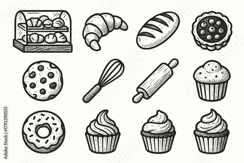 Vector artisan cupcake bakery pastry tart muffin bread icon icons rolling whisk