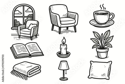 Icon afternoon cozy vector candle lover blanket plant cup lamp book potted