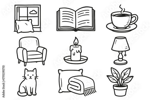 Tea comfort open pot nook book icons blanket indoor chair icon set