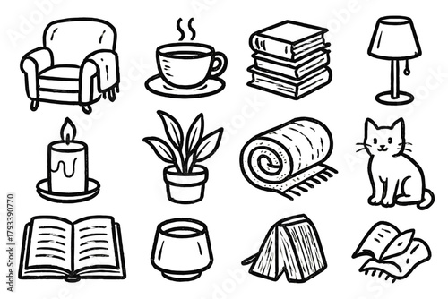 Stack cup icon cat lamp open vector novel candle icons cozy reading