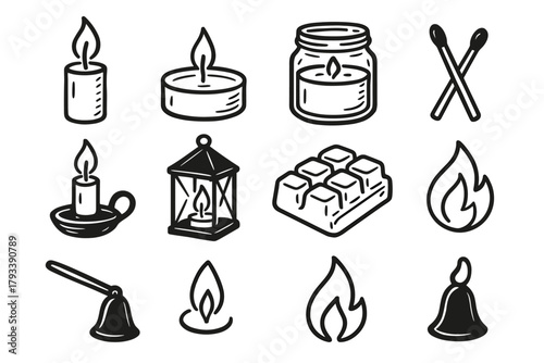 Candle light flame jar lantern collection icon snuffer wax vector
