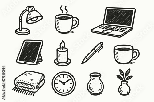 Icon small setup blanket coffee pen vector laptop workspace icons relaxed cozy