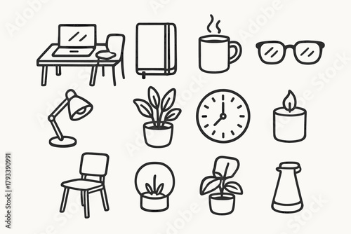Glasses tidy plant chair icon workspace icons cozy clock mug notebook lamp