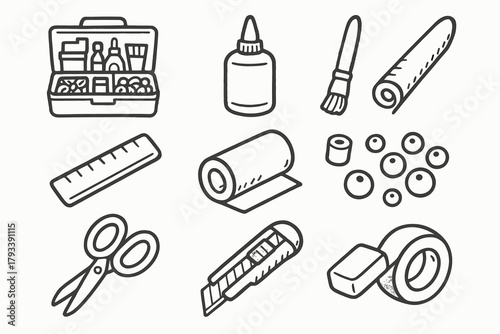 Vector kit icons cutter beads tape eraser icon scissors crafting tools ruler
