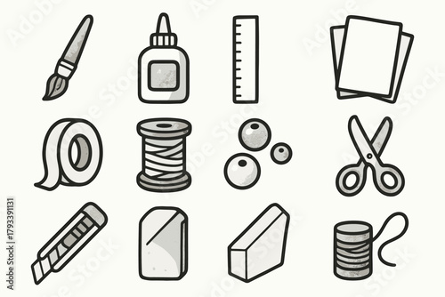 Tape creative beads crafts scissors glue making vector spool set icon paper