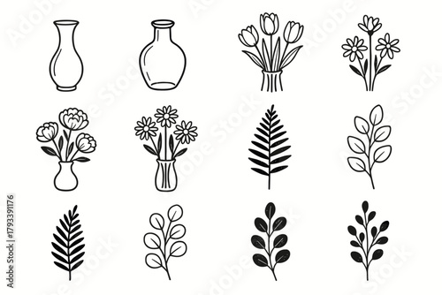 Stems peony floral delicate vector tulip vases flowers icon vase ceramic daisy