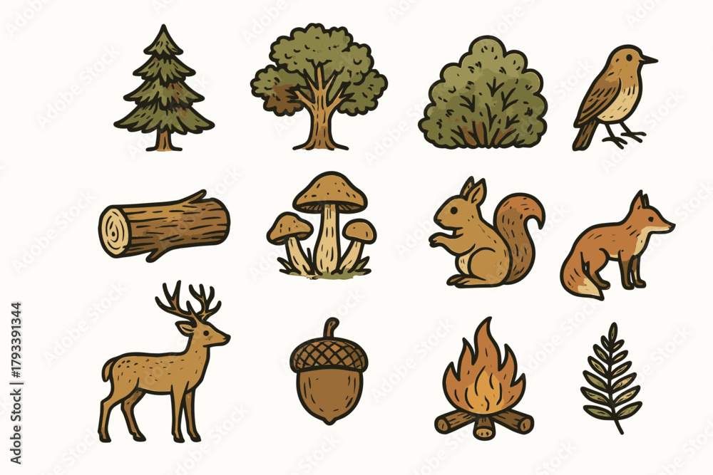 Fototapeta premium Icon pine campfire tree fern oak forest set vector cluster acorn