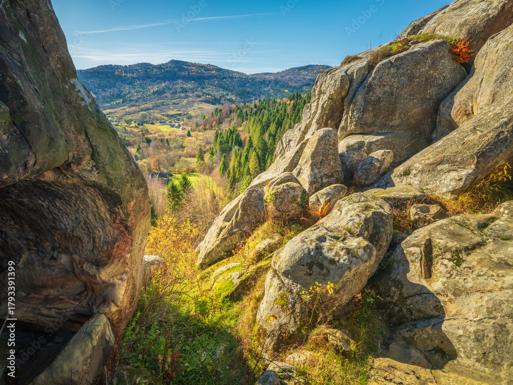 Obraz premium panoramic view to mountains valley in sunny autumn day in Carpathian in Ukraine