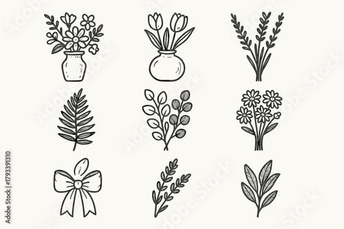 Vector stems ribbon branch round icon vase collection spring mix fern floral