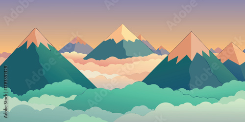 Stunning mountain landscape view at sunrise or sunset across the snow-capped peak and valley, with clouds and fog covering the range