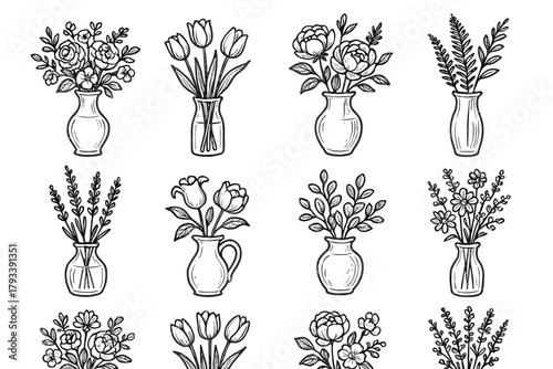 Floral wildflowers display bouquet icons vector vase ceramic eucalyptus icon elegant jug