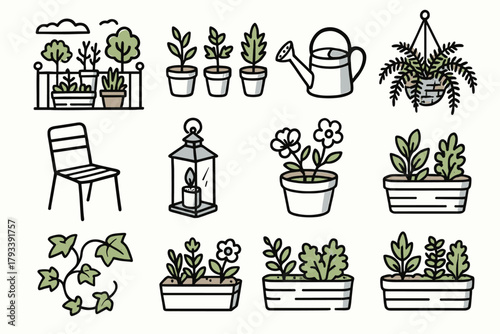 Icon flower box small chair garden icons herbs vector balcony urban ivy