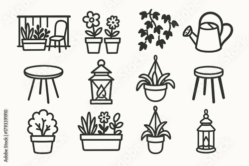 Garden flower icon hanging can stool plant icons balcony vines watering vector