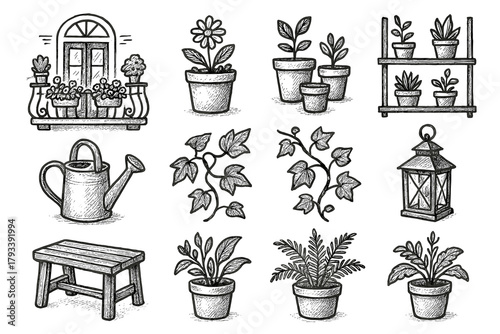 Icons bench icon potted vector fern ivy lantern small balcony garden