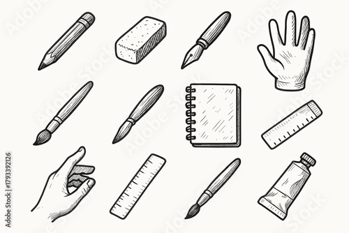 Vector brush pose ink glove pencil eraser icon artist art tube tools