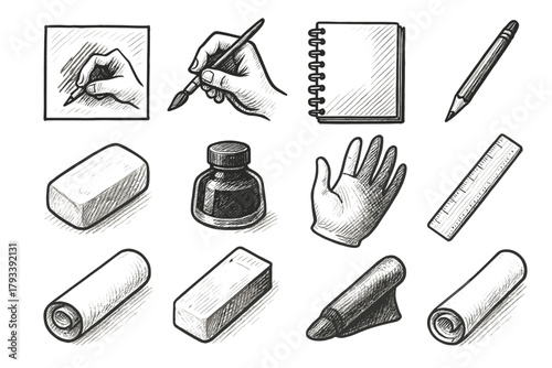 Drawing glove ruler pencil brush ink creative icon shading hand vector