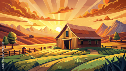 Very beautiful summer sunset with an old barn in rural Montana, featuring golden light over wide open fields, rustic wooden architecture, and a peaceful countryside atmosphere capturing the timeless c