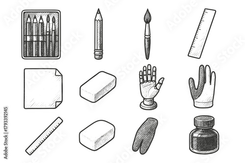 Bottle pencil kit icon glove eraser paper art tools vector drawing icons